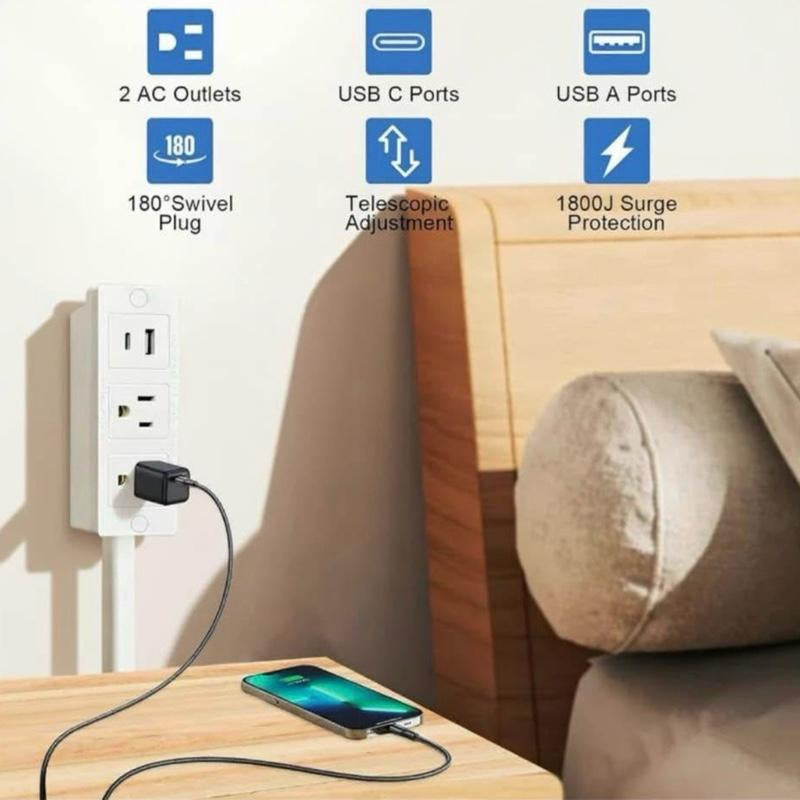 Rotating Wall Outlet Extender – 2 AC + USB-C/A Ports (28" Extension, Wall-Mountable & ETL Certified) | Space-Saving Power Solution for Home & Office